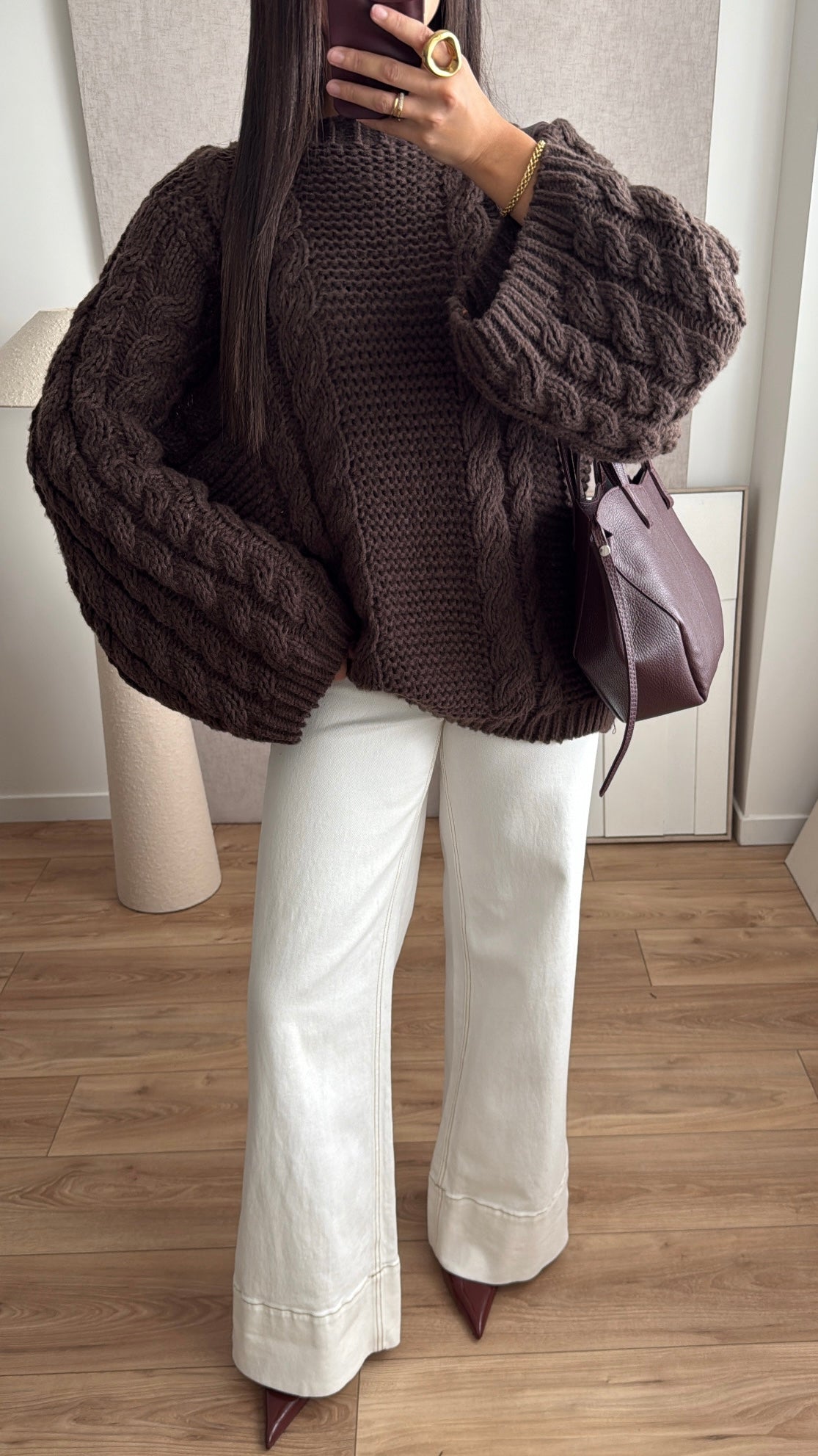 Pull torsadé à manche ample [marron]