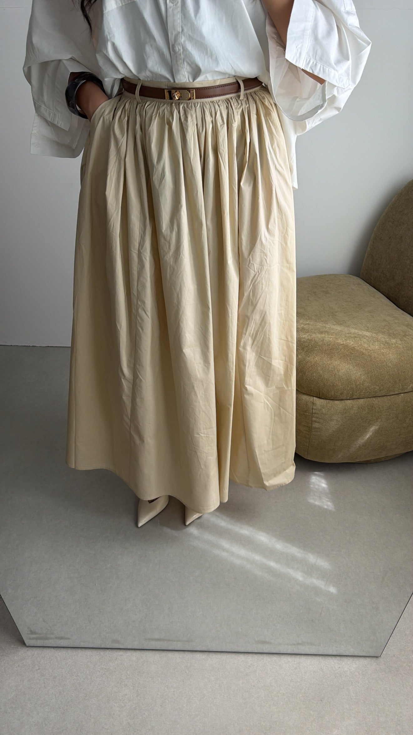 Longue jupe patineuse en coton [ beige ]