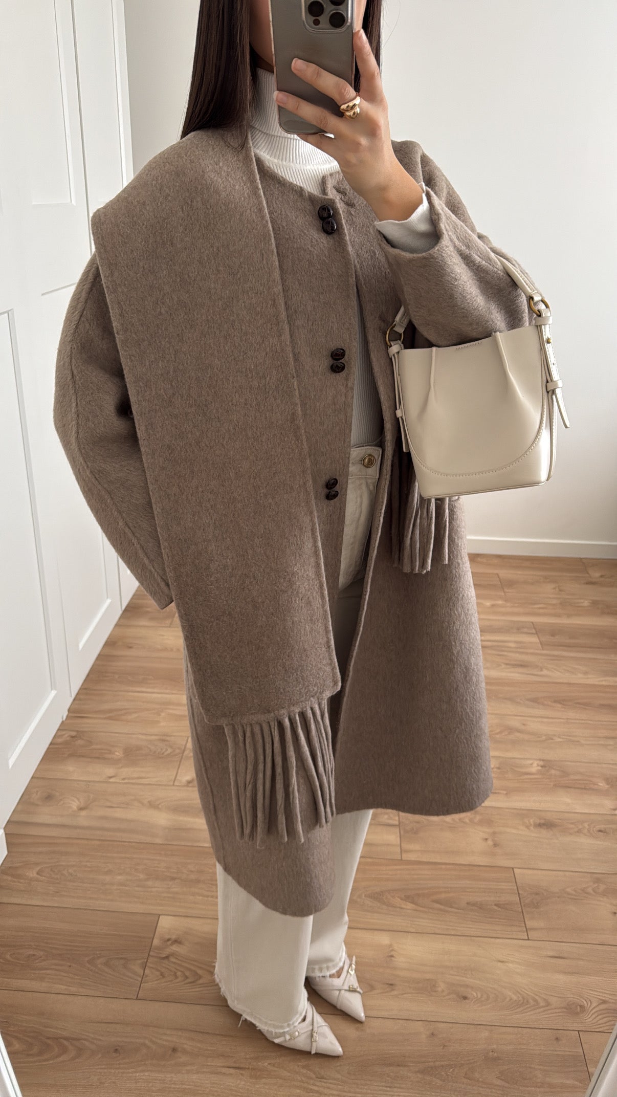 coat with scarf 100% wool [ taupe ]