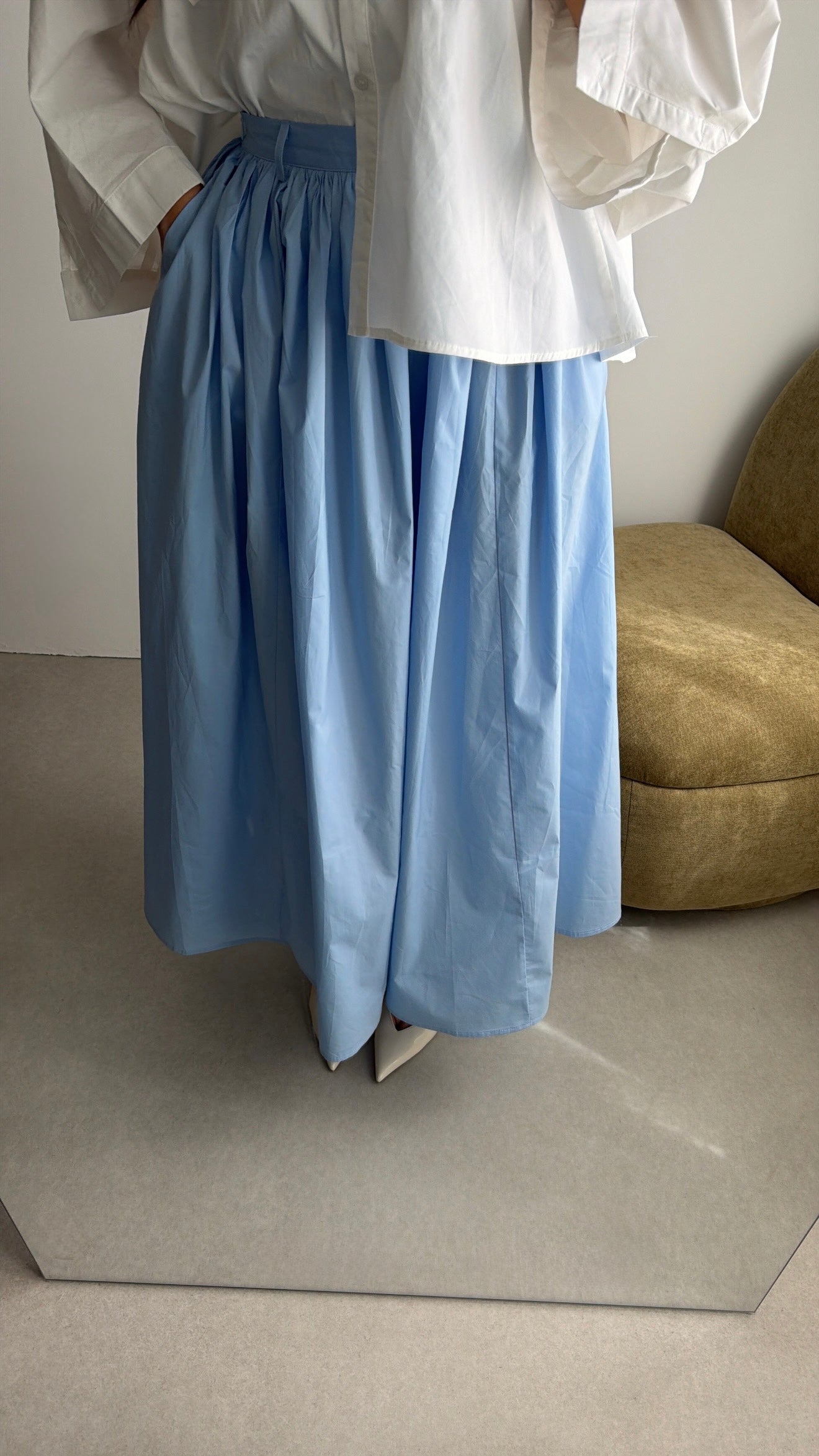 Longue jupe patineuse en coton [ bleu ]