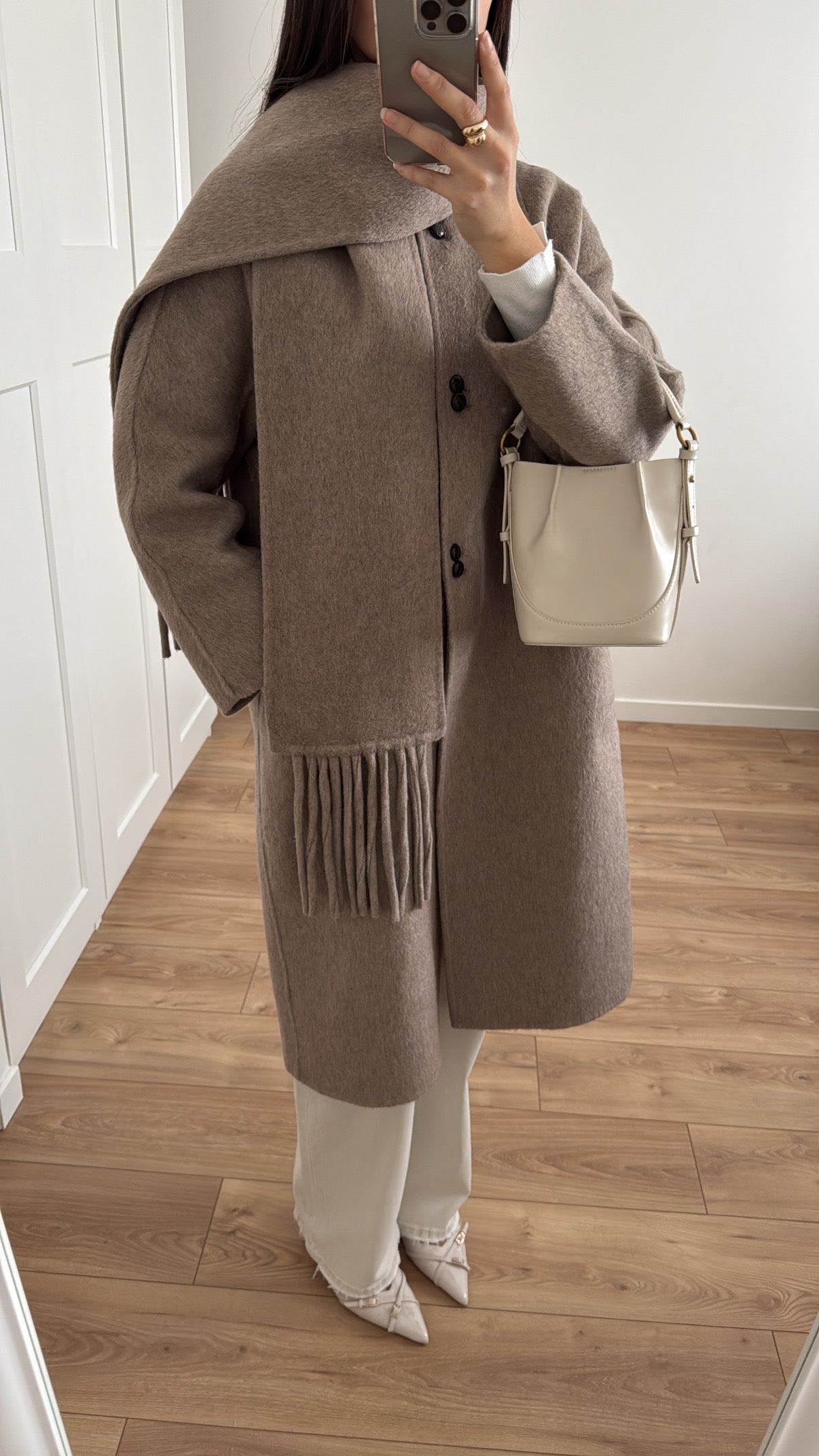 coat with scarf 100% wool [ taupe ]