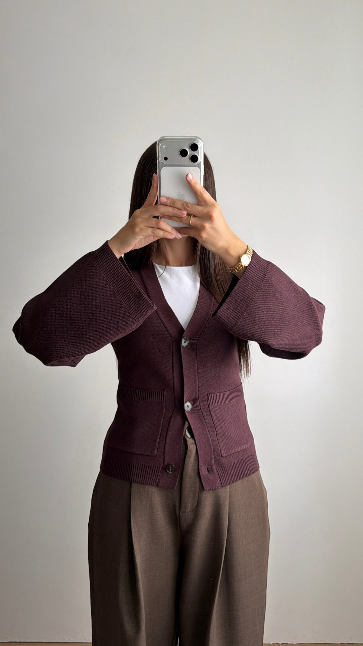 Cardigan cintrée en maille douce [BORDEAUX FONCÉ]