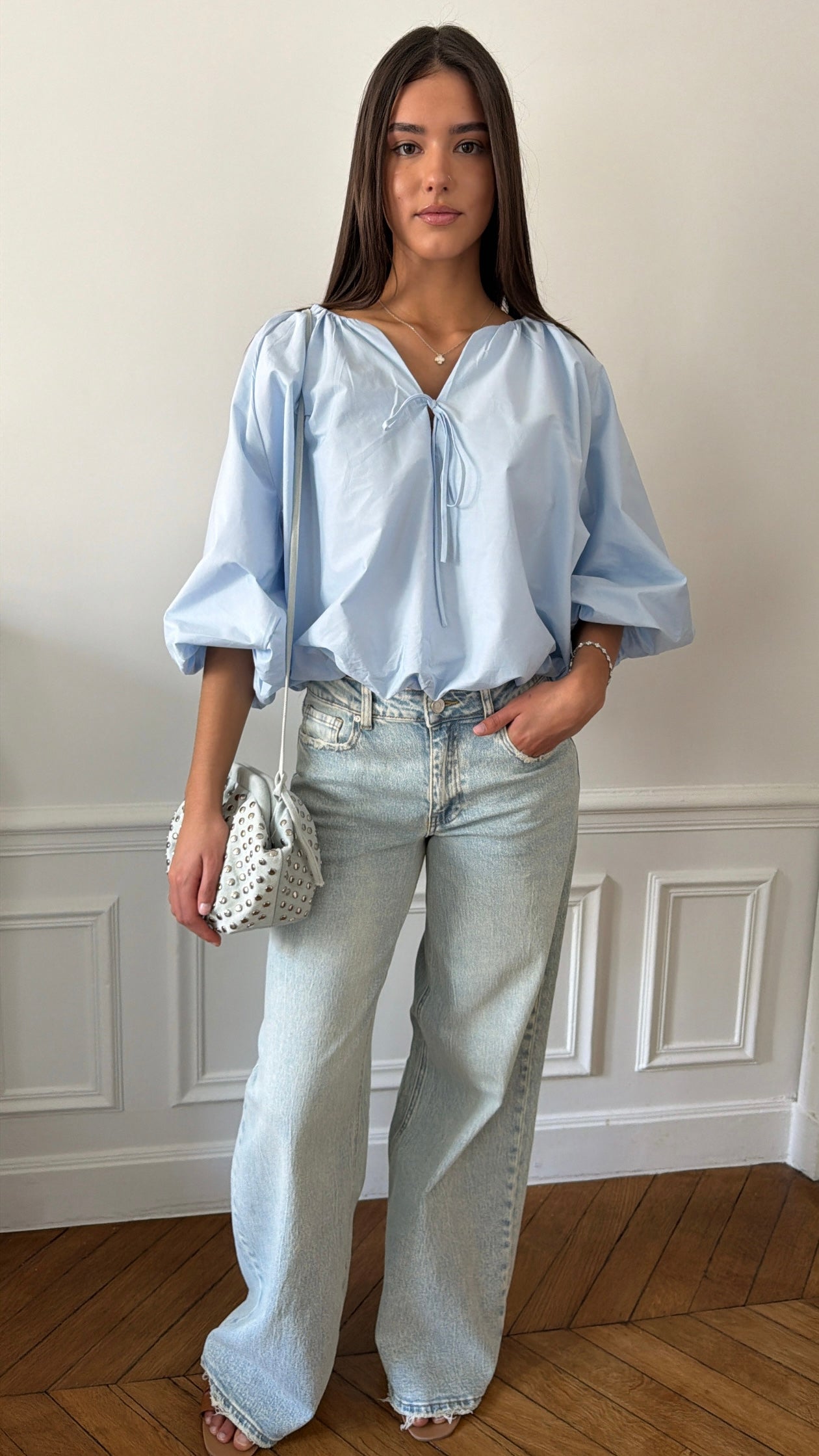 Blouse bouffante à manches 3/4 [bleu]