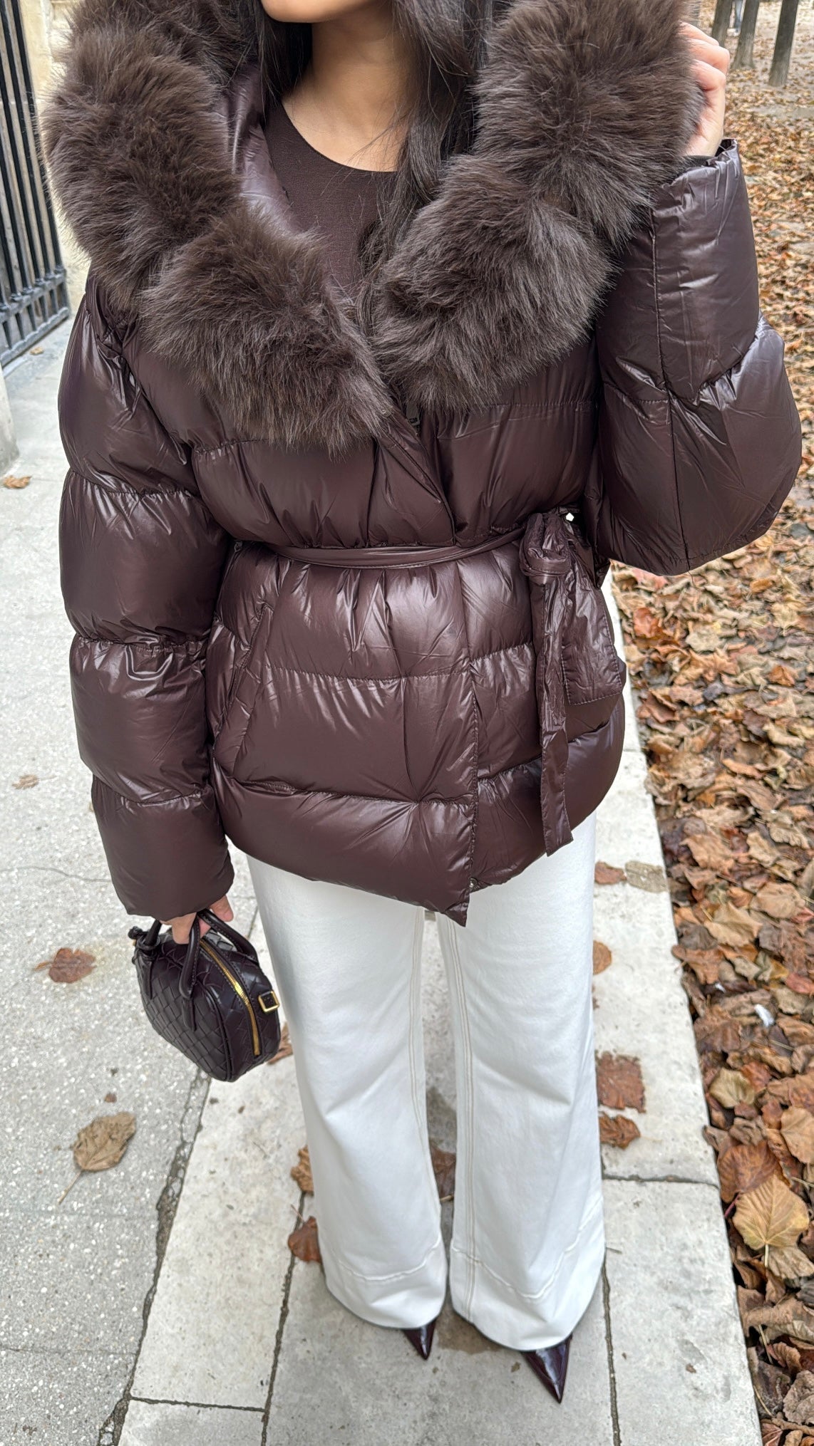 Doudoune avec ceinture et fausse fourrure [ marron ]