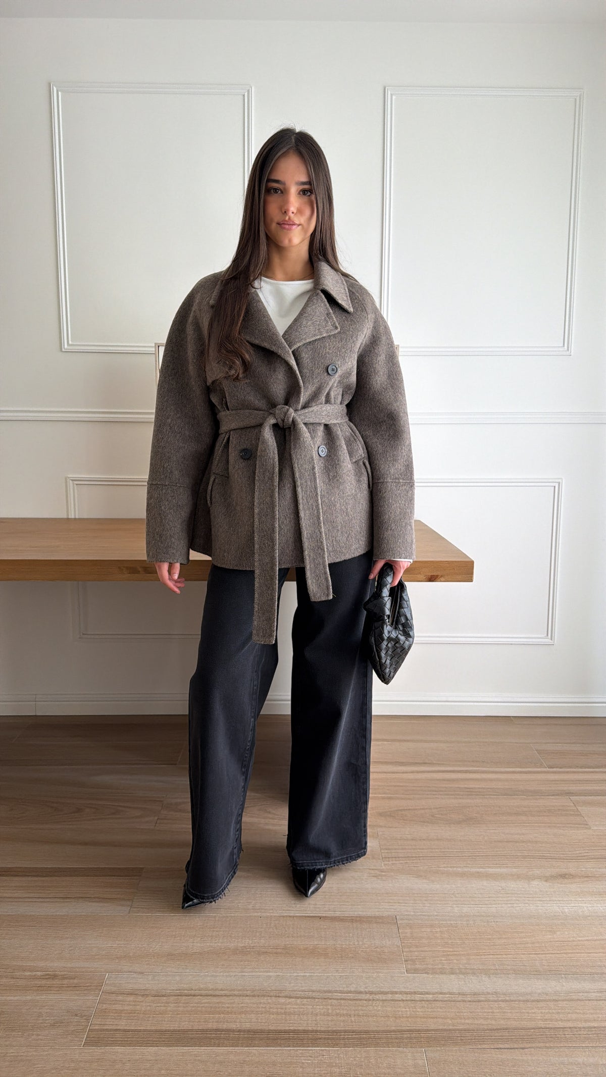 Manteau croisé en laine avec ceinture [taupe]