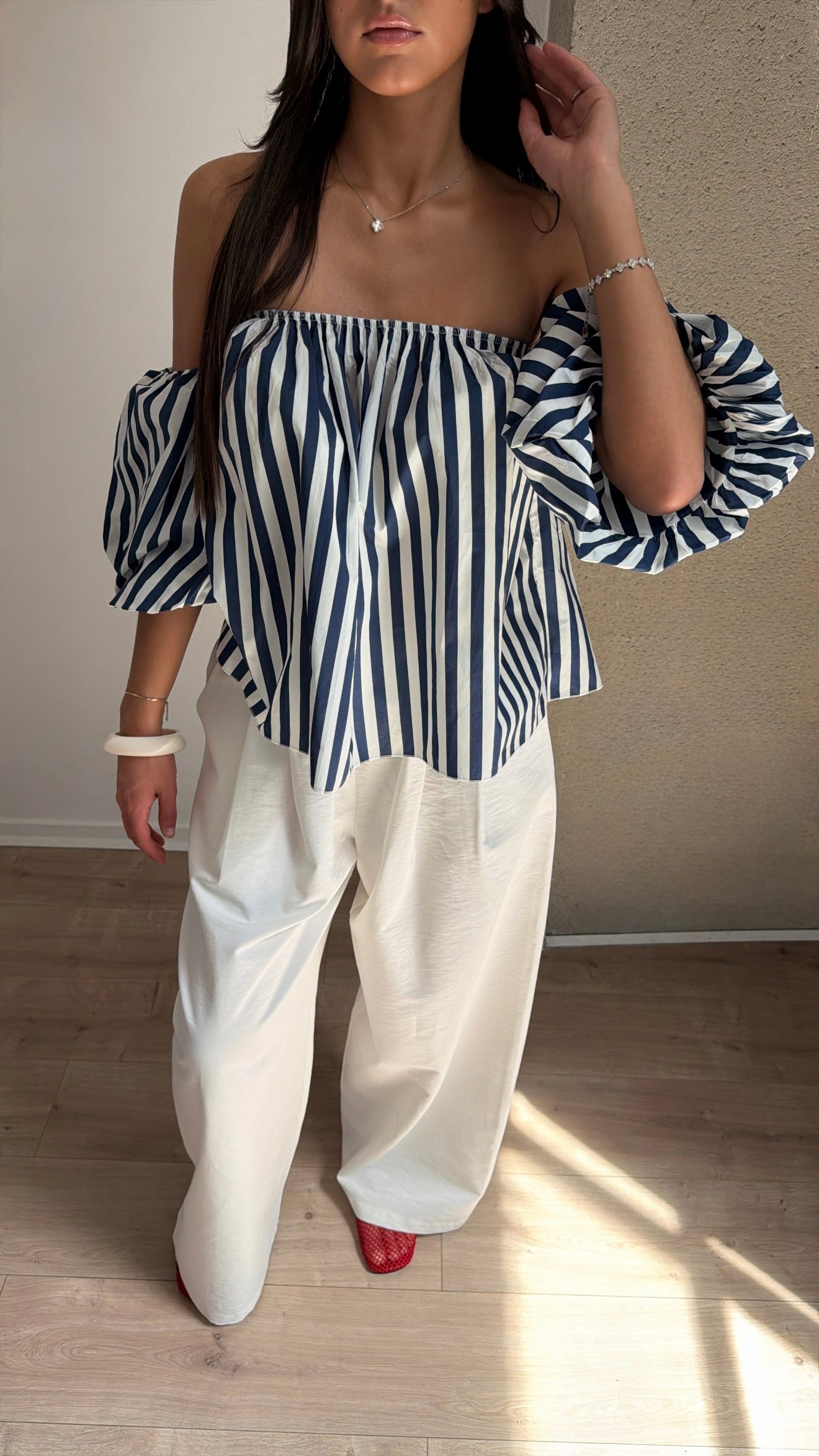 Blouse rayée à col bateau [Marine / Blanc]