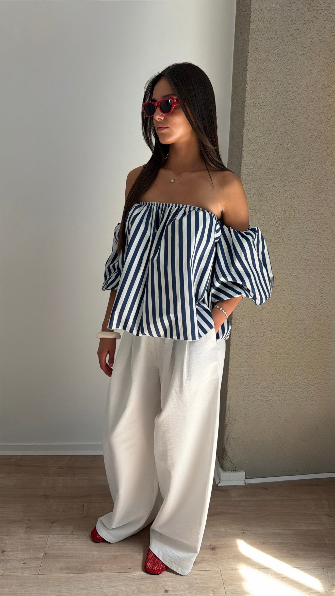 Blouse rayée à col bateau [Marine / Blanc]