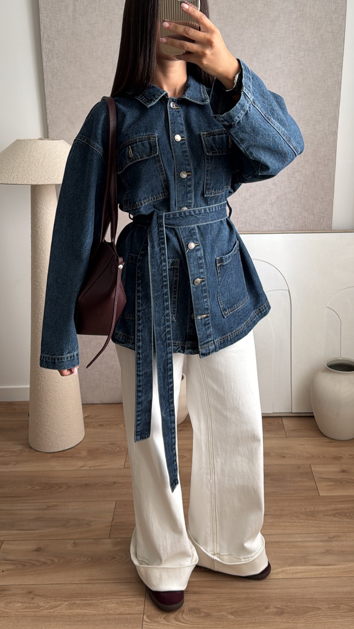 Loose denim jacket with belt [denim blue]