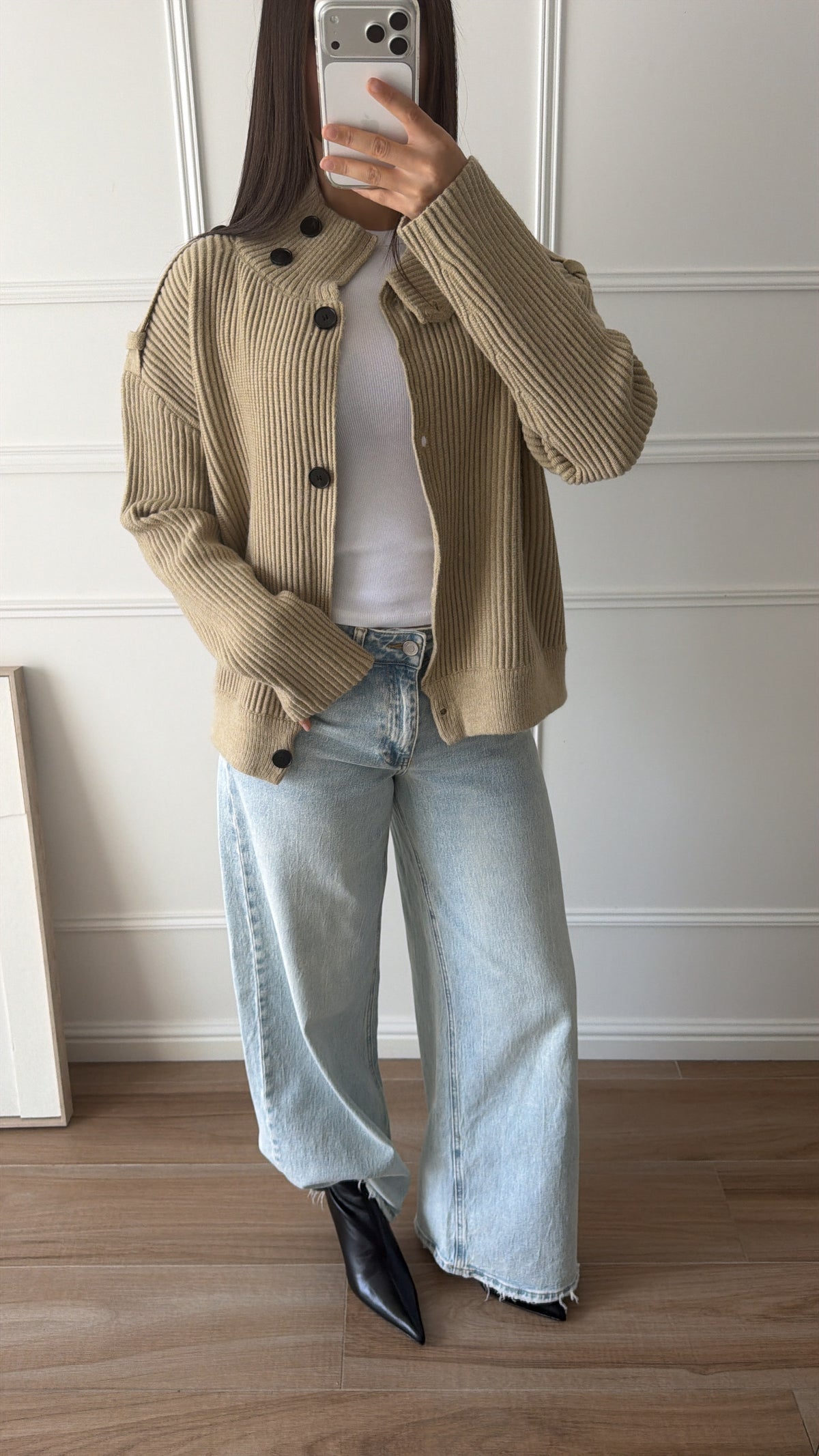 Cardigan en maille côtelée à col montant [kaki]