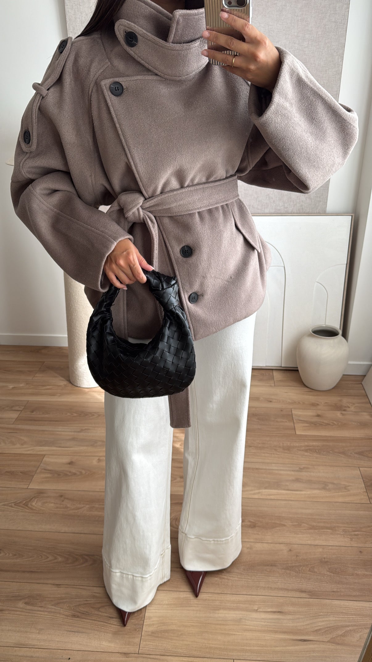 Manteau court boutonné à col montant [taupe]