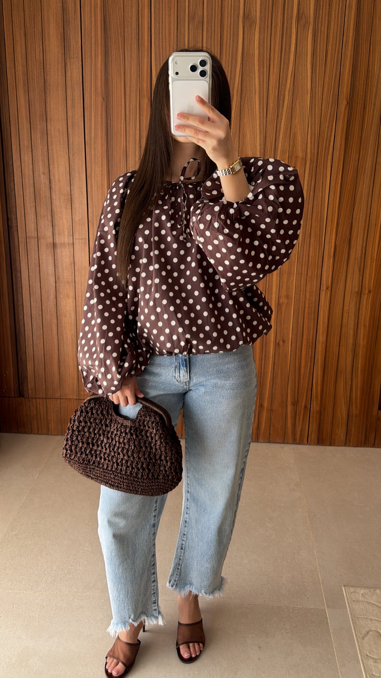 Blouse bouffante à motifs pois [maron]
