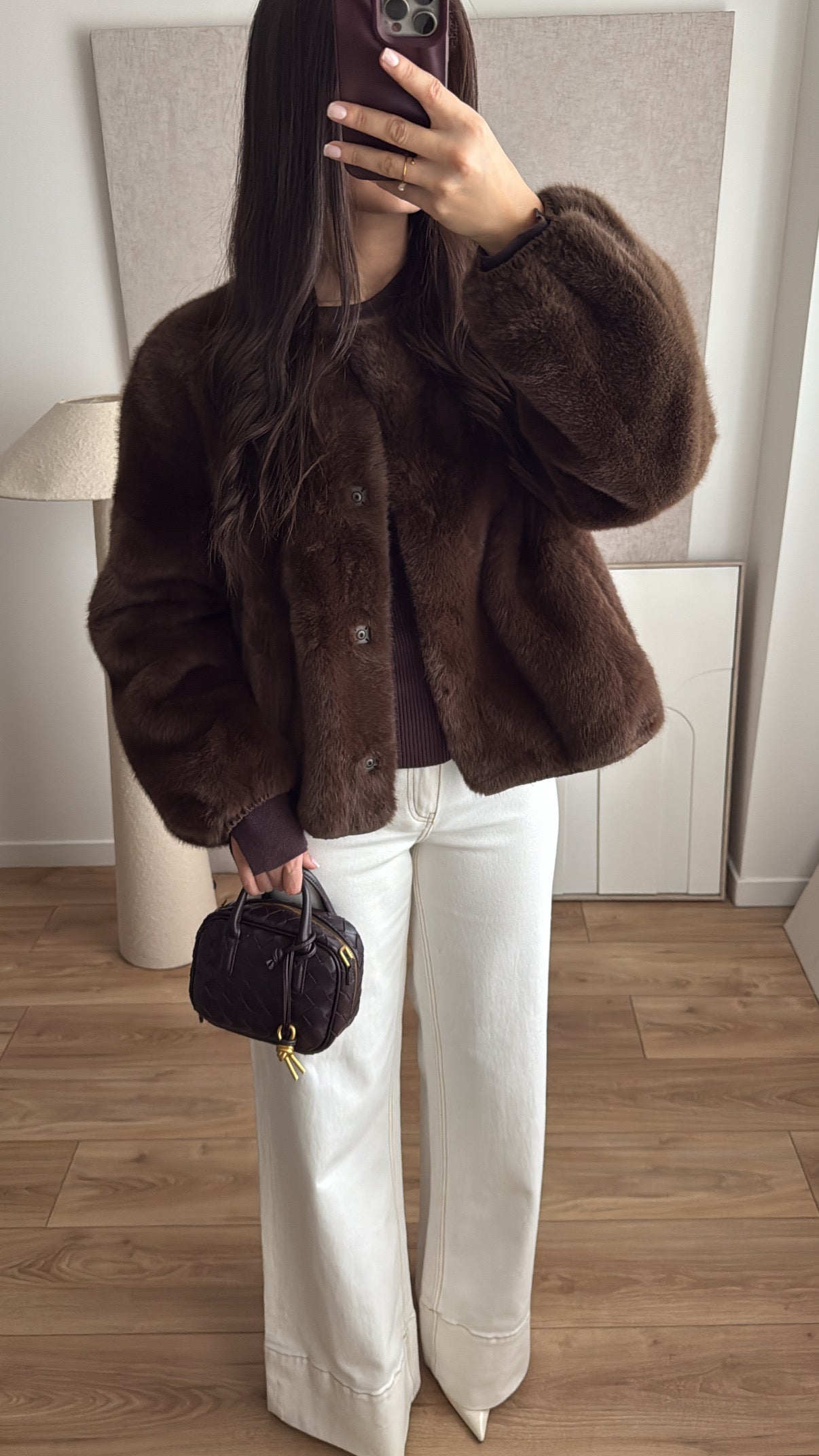 Veste en fausse fourrure col rond [marron]