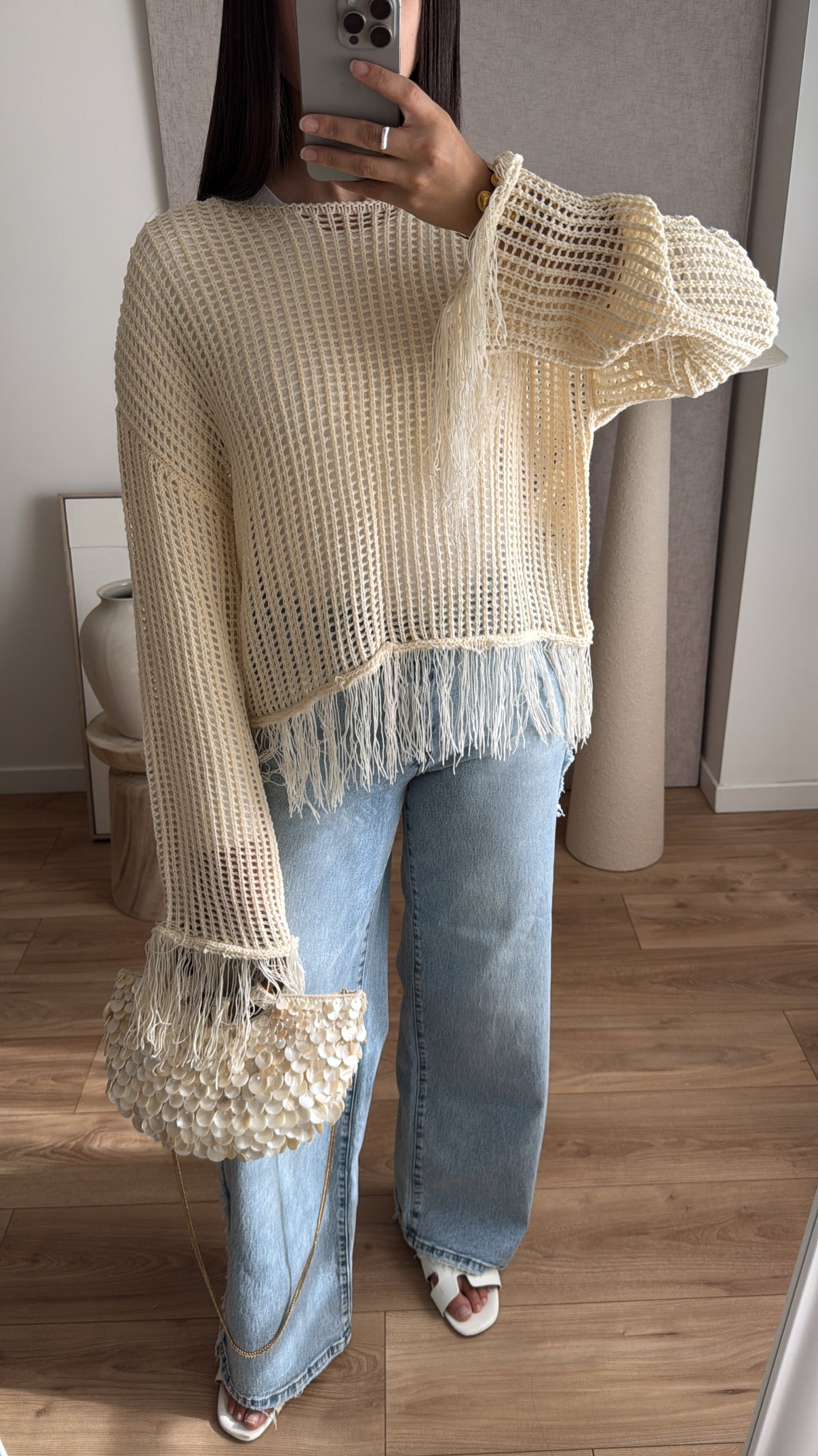 Crochet Fringe Top with Flared Sleeves