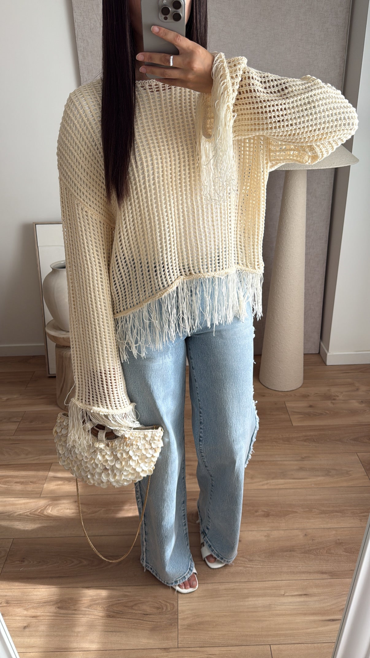 Crochet Fringe Top with Flared Sleeves